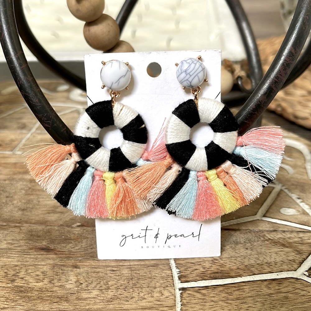 Boho Multicolor Tassel Earrings – Black White Pastel Statement Dangle Earrings